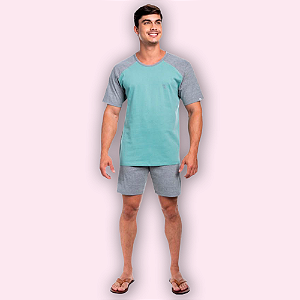 PIJAMA CURTO MASCULINO - VERDE E CINZA MESCLA