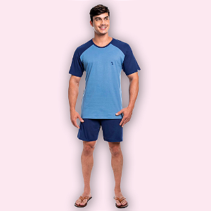PIJAMA CURTO MASCULINO - AZUL-MARINHO E AZUL CELESTE