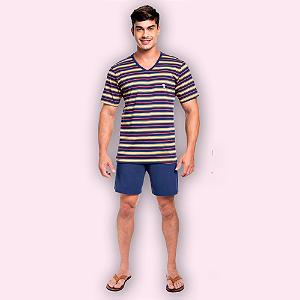 PIJAMA CURTO MASCULINO - LISTRADO AZUL-MARINHO