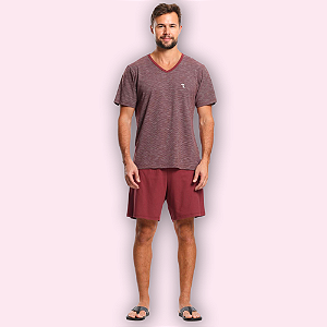 PIJAMA CURTO MASCULINO - LISTRADO BORDÔ