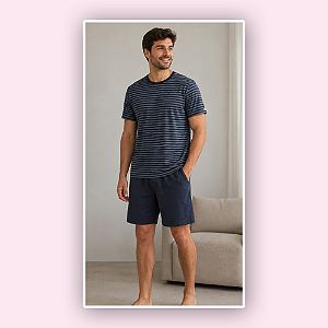 PIJAMA CURTO MASCULINO - LISTRADO PRETO E CINZA CHUMBO
