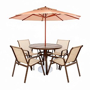 Conjunto de mesa Lótus Mesa Ripada com 4 Poltronas e Ombrelone