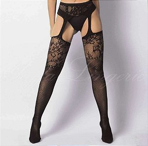 Meia calça arrastão 7/8 preta com cinta-liga e detalhes rendados na parte supe