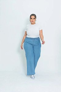 Calça Pantalona Wide Leg Jeans Feminina Lavagem Clara