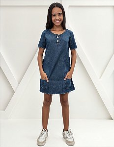 Vestido Jeans Menina Juvenil Com Botões Bolsos Blogueirinha