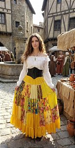 Conjunto Cigana Medieval Longa Artesanal Patchwork Amarela