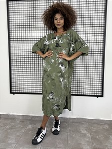 Vestido Vitoria Pintado a mão - VERDE EXERCITO