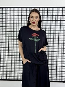 Blusa Ampla Bolso Rosa Vermelha - PRETO