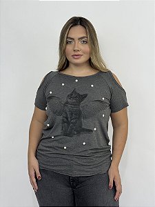 Blusa Ombro Gato Anjo Bordado - CINZA ESCURO