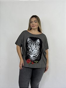 Blusa Tule Costas Gato Bordado - CINZA ESCURO