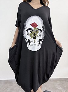 Vestido Londres Rosa Caveira Bordado - PRETO