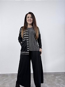 Blusa Dupla Bolso Listras - PRETO/CINZA