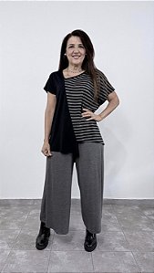 Blusa Gola torta Listras - PRETO/CINZA