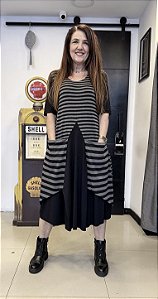 Vestido Nesga Listras - PRETO/CINZA