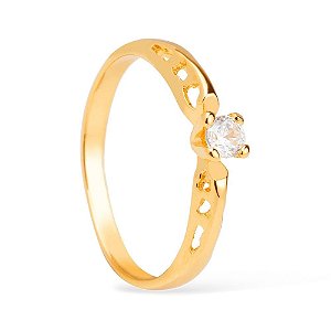 Anel Dourado Solitário Vazado com Pedra Zircônia