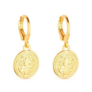 Brinco Dourado de Argolinha Com Medalha Religiosa
