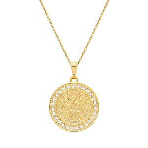 Colar Dourado Medalha São Miguel Arcanjo Cravejado de Zircônia