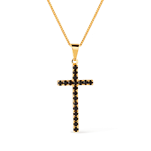 Colar Dourado de Cruz Cravejado de Pedra Natural Negra