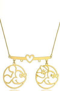 Colar Personalizado Mickey E Minnie Coração Folheado Em Ouro 18k