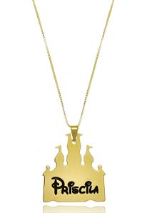 Colar Personalizado Castelo Da Disney Nome Folheado Em Ouro 18k