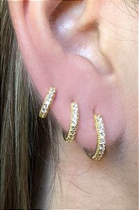 Trio De Brincos De Argolinha Com Fio Lateral Banhado Em Ouro 18k