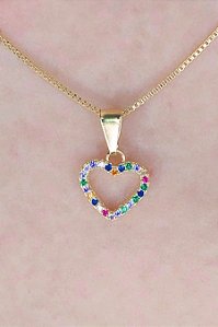 Colar Pingente Coração De Zircônias Coloridas Sortidas Banhado Em Ouro 18k