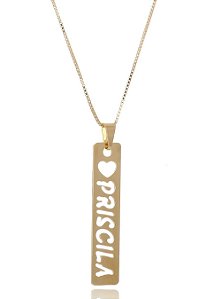 Colar Personalizado Retangular Com Coração E Nome Vazado Folheado Em Ouro 18k