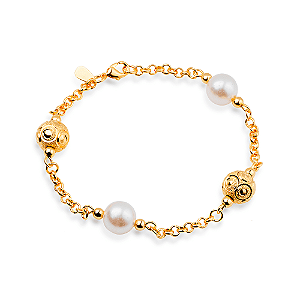Pulseira Dourada Elo Português com Pérolas e Esferas Vazadas