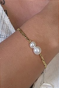Pulseira Corrente Com Duas Pérolas Grandes Banhado Em Ouro 18k