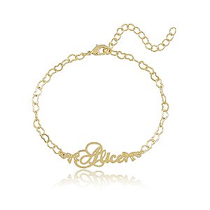 Pulseira Com Corrente De Coração E Nome Folheado Em Ouro 18k