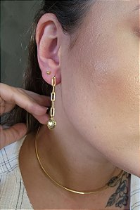 Brinco Argolinha Com Corrente E Coração Banhado Em Ouro 18k