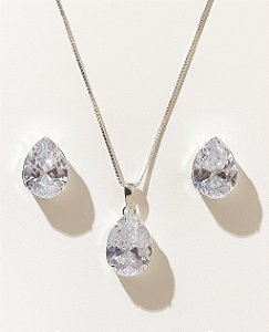 CONJUNTO GOTA ZIRCÔNIA FOLHEADA PRATA 925