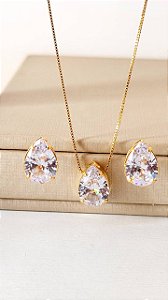 CONJUNTO GOTA ZIRCÔNIA FOLHEADA A OURO 18K