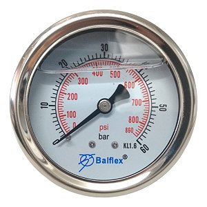 Manômetro Com Glicerina Horizontal 63mm 1/4 60 Bar 860 Psi