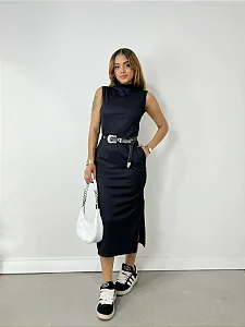 Vestido Feminino Midi em Ribana Regata com Gola Falsa Roberta Ref. 1499