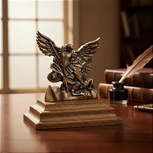 Adorno De Mesa São Miguel Arcanjo Pedestal De Madeira Pequeno
