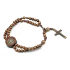 Pulseira Pulso Terço Madeira Medalha De São Bento Cruz Marrom