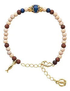 Pulseira Mariana Nossa Senhora Aparecida 4mm Peixe Coroa Marrom Azul E Dourado