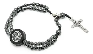 Pulseira Hematita Medalha De São Bento Com Cruz Regulavel Hematita 23 Cm