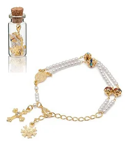 Pulseira Terço Dourado Pérola Strass Delicada Vidrinho Pérola 22 Cm