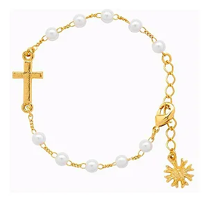 Pulseira Infantil Menina Dourado Dezena Pérola Cruz Pérola 20 Cm