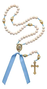 Terço Madeira Branca Cordão Azul Claro 8mm N Sra Lourdes