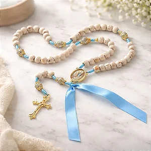 Terço Madeira Branca Cordão Azul Claro 8mm N Sra Lourdes