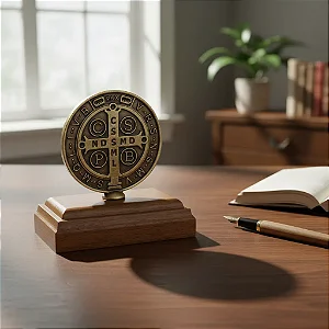 Adorno Mesa Medalha São Bento Metal E Pedestal Madeira 6,2cm