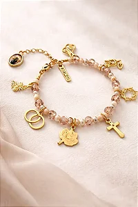 Pulseira História De Santa Rita De Cássia Medalhas Douradas Rose