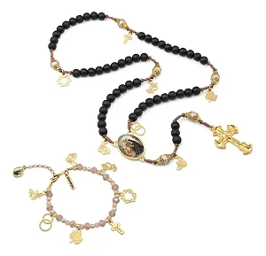 Conjunto Terço E Pulseira História De Santa Rita De Cássia Terço Preto/pulseira Rose