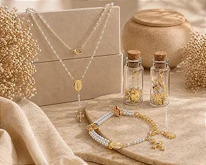 Conjunto Terço E Pulseira Strass Perola Dourado Com Vidrinho