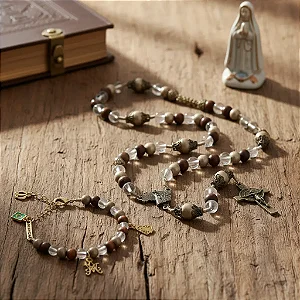 Kit Terço Pulseira Nossa Senhora Aparecida Madeira 8mm E 6mm