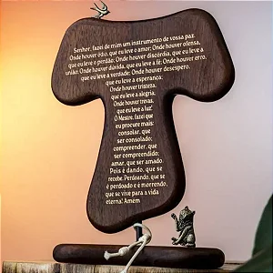 Cruz De Mesa Tau Franciscano 15cm Madeira Com Oração