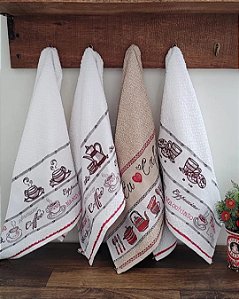 Kit com 4 Panos de Prato Döhler Piquinic Bordados – Tema Café